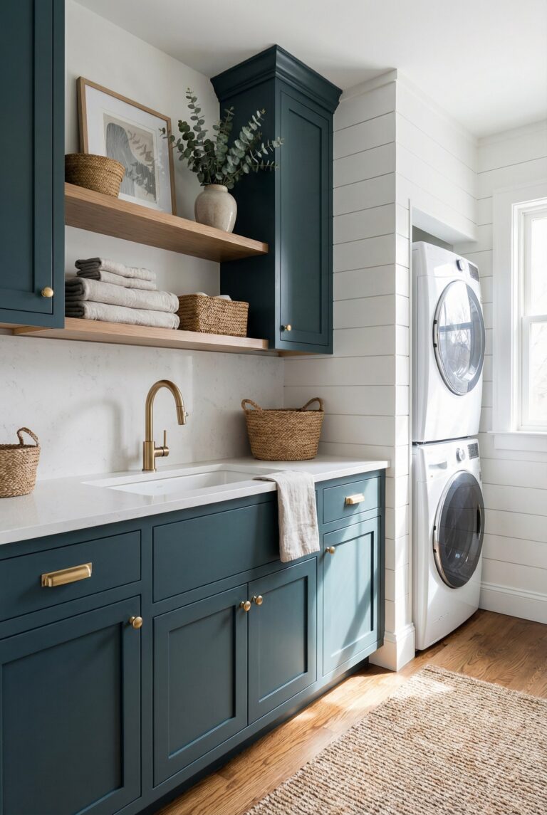 use brass handles and faucet for farmhouse laundry inspiration