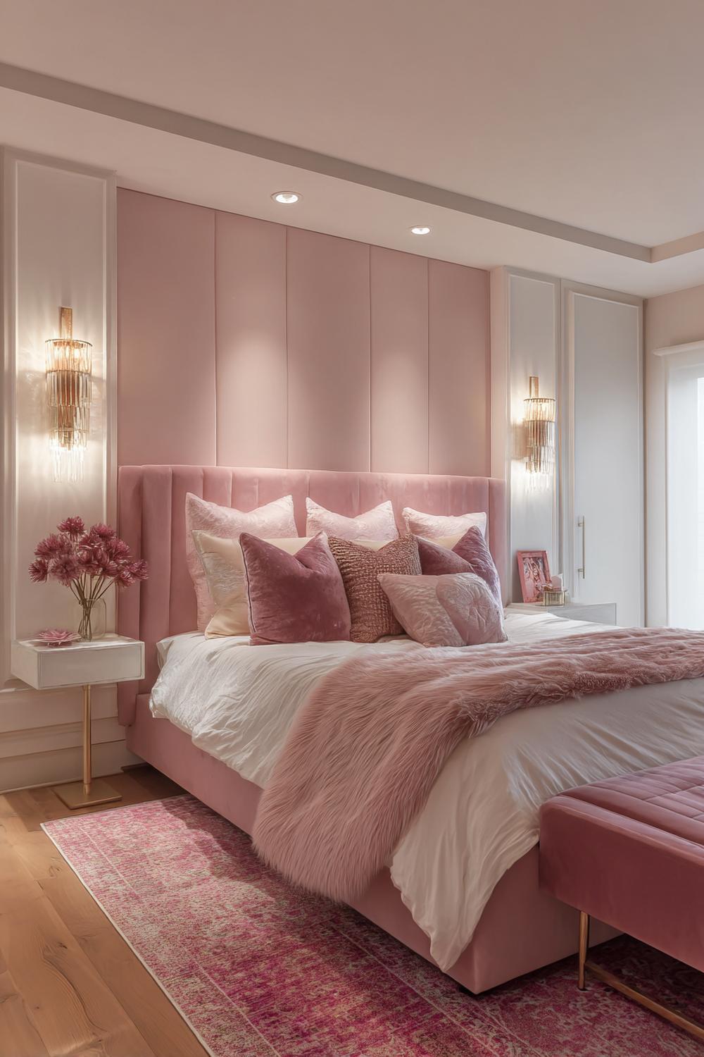Use Elegant Wall Sconces to Enhance Cozy Pink Grey Glow