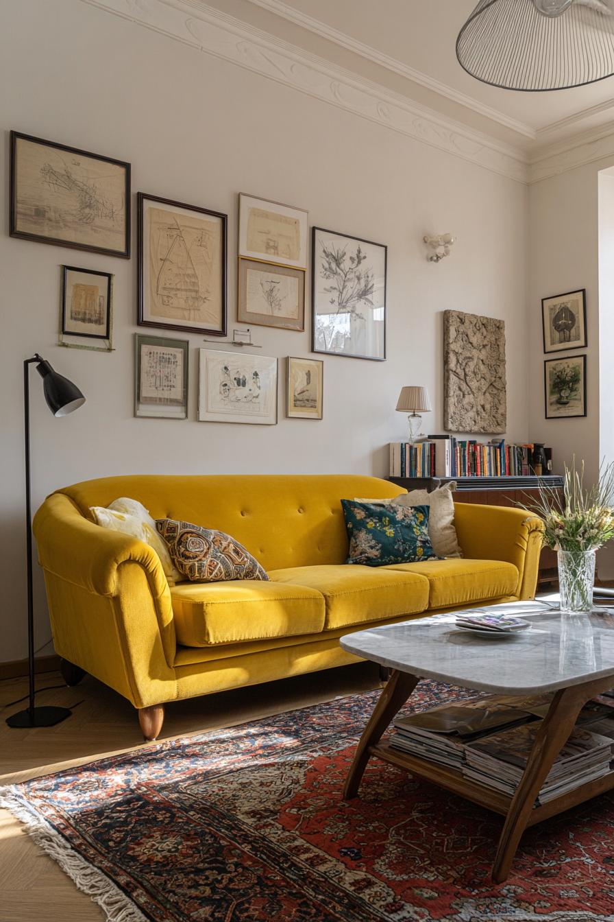 Use Floor Lamp to Highlight Yellow Couch For Cozy Light