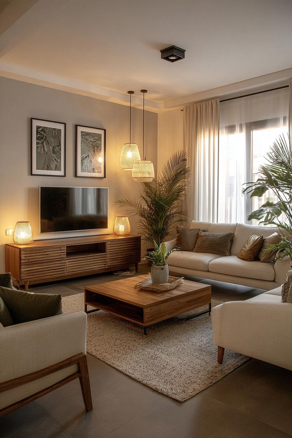 Use Natural Textures with Woven Lighting in a Cozy Apartment