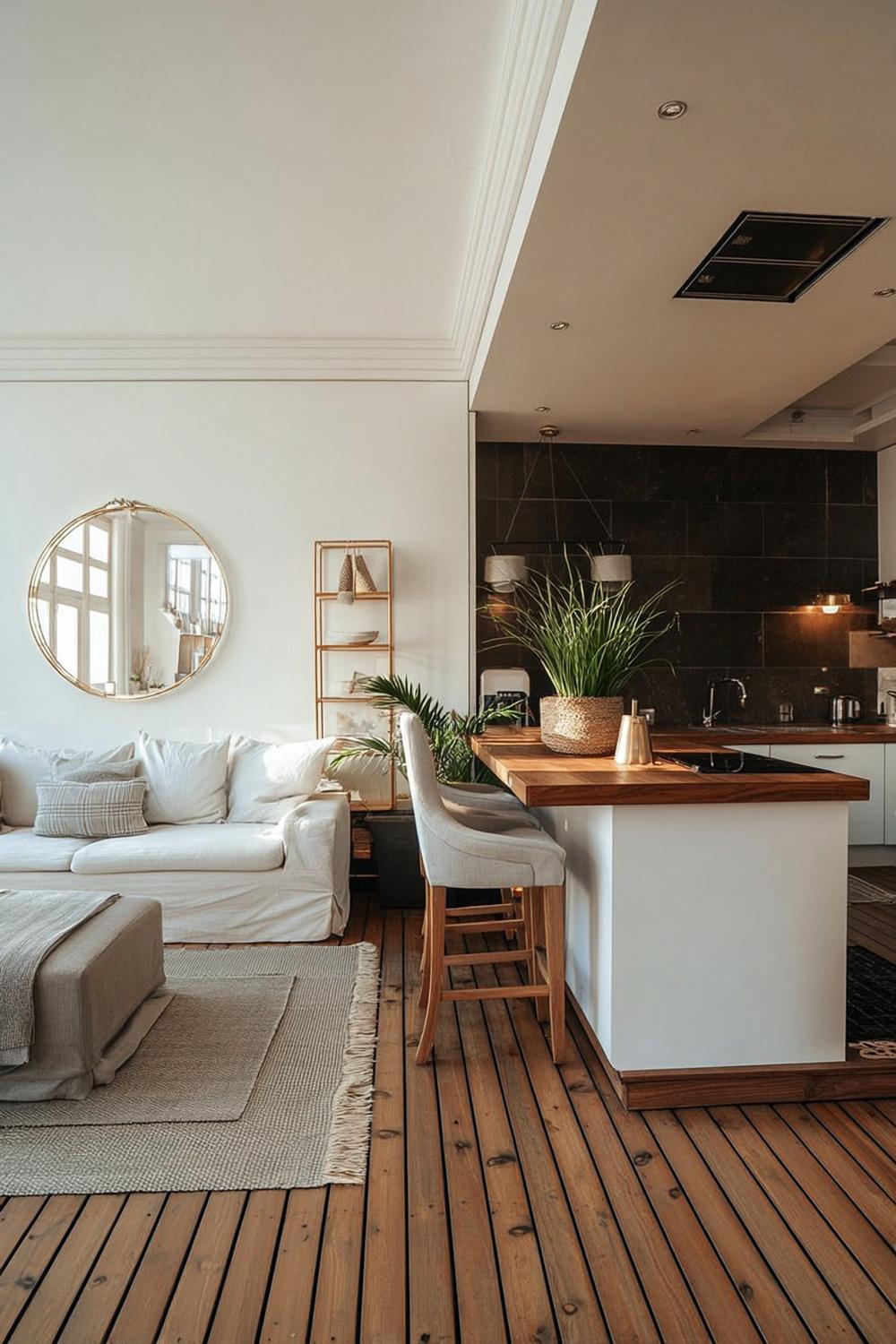 Use Natural Wood Flooring to Unify Living and Kitchen Spaces For Divider