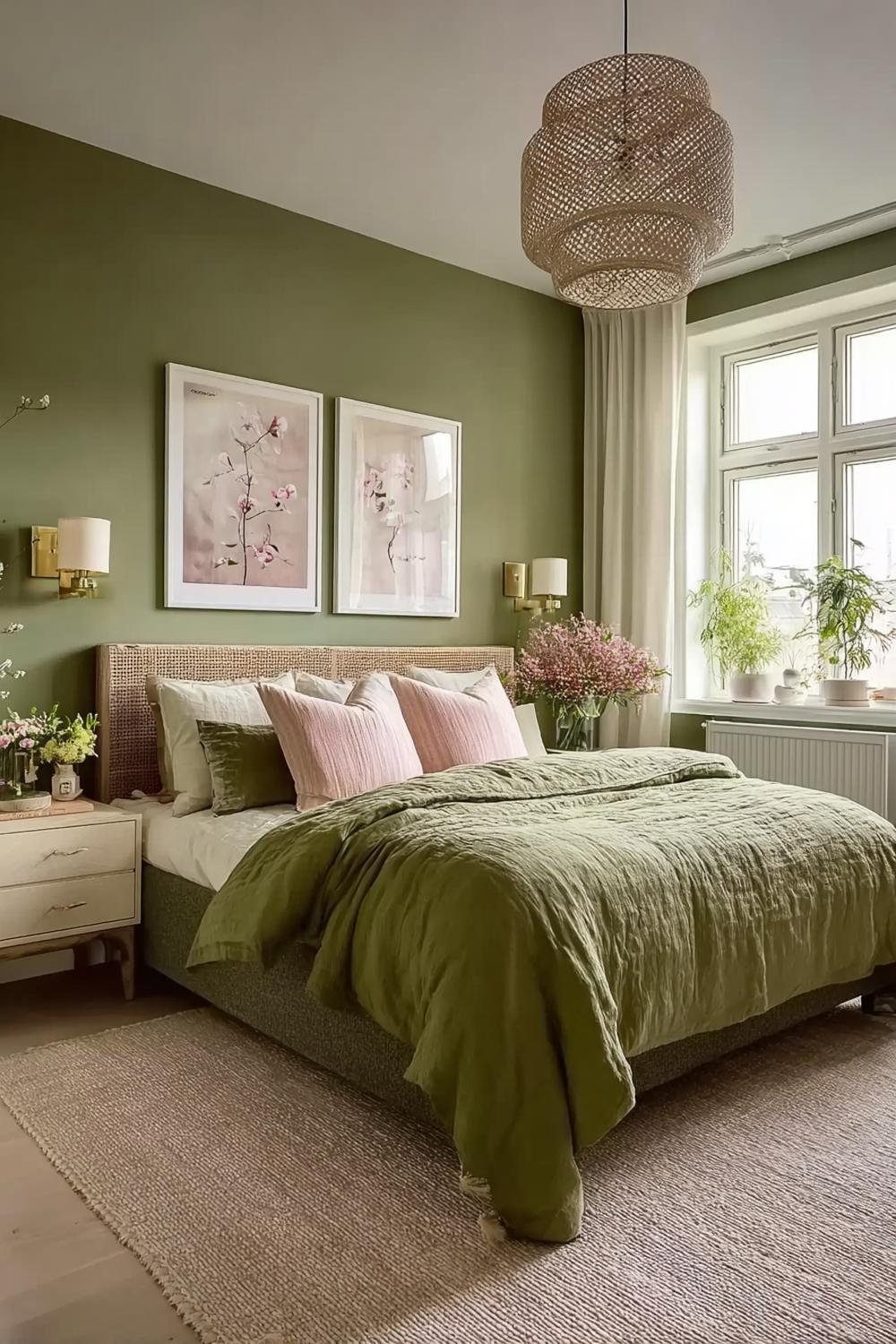 Use Natural Woven Bed Headboard For Cozy Green Bedroom