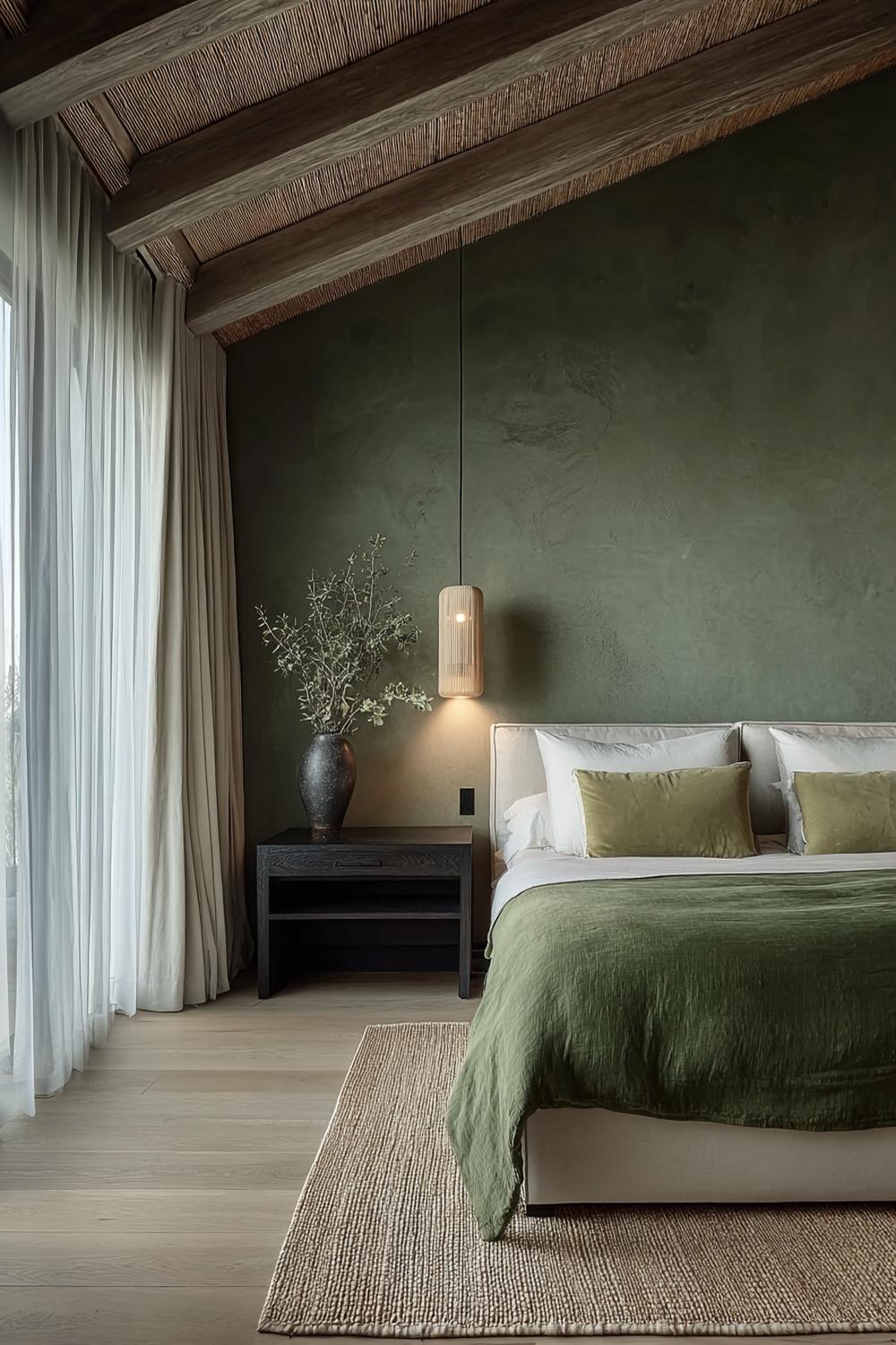 Use Sheer Curtains to Soften Cozy Bedroom Sage Green Walls