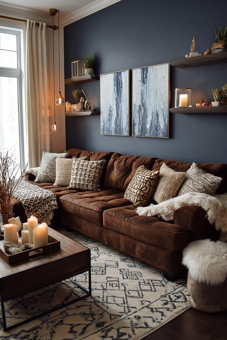 Use Soft Curtains to Contrast Deep Blue Wall For Warmth