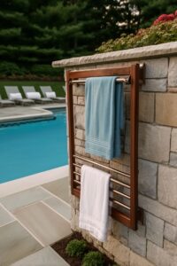 use stone walls as a base for towel rack ideas for pool
