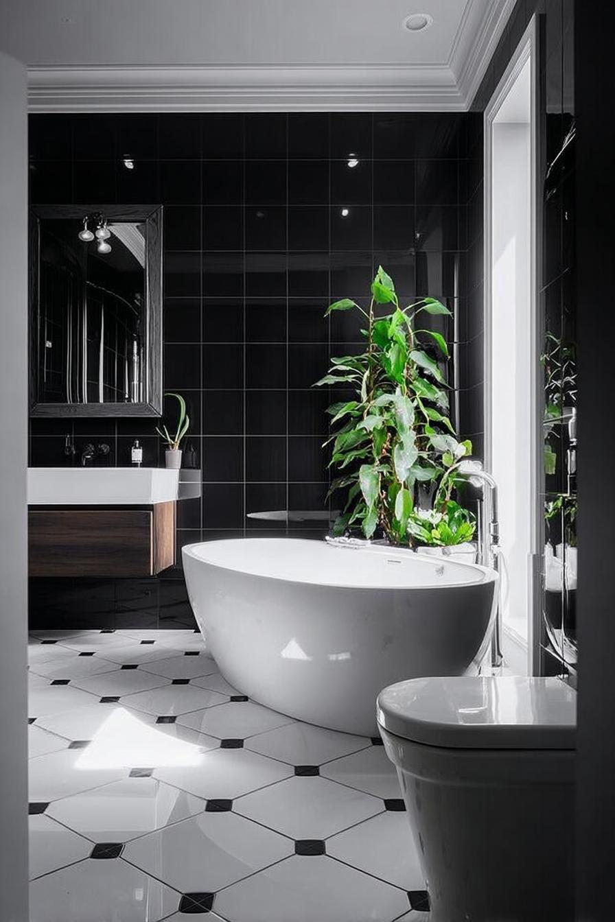 Use Tall Indoor Plants to Soften Sleek Bathroom Layout