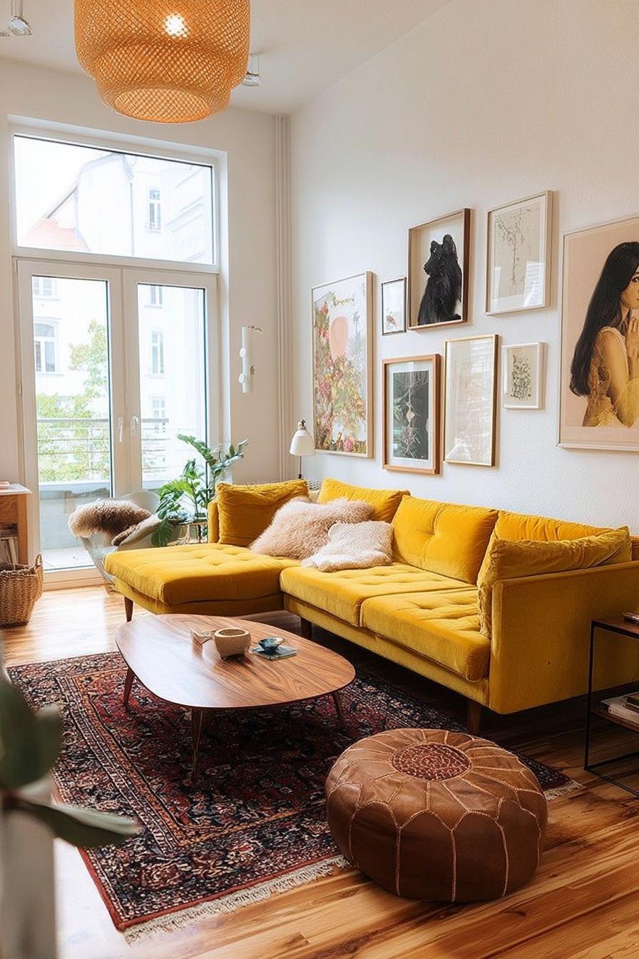 Use Warm Wood Coffee Table to Soften Yellow Couch For Retro Style