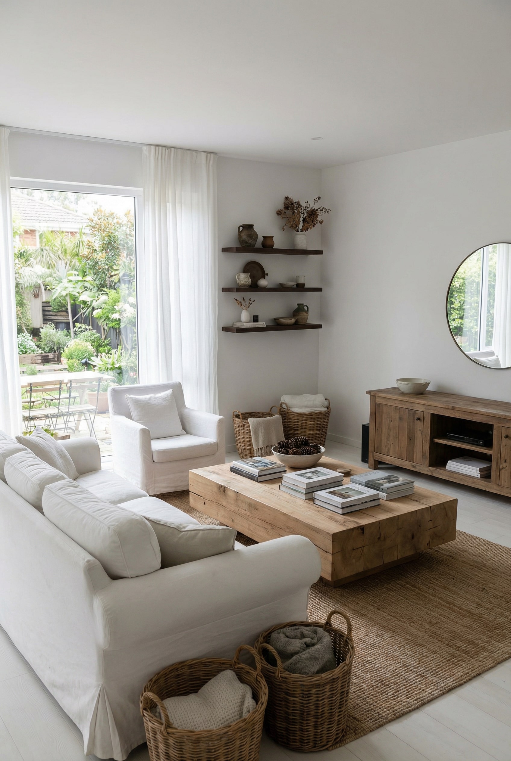 Use Woven Baskets As Storage for a Boho Living Room